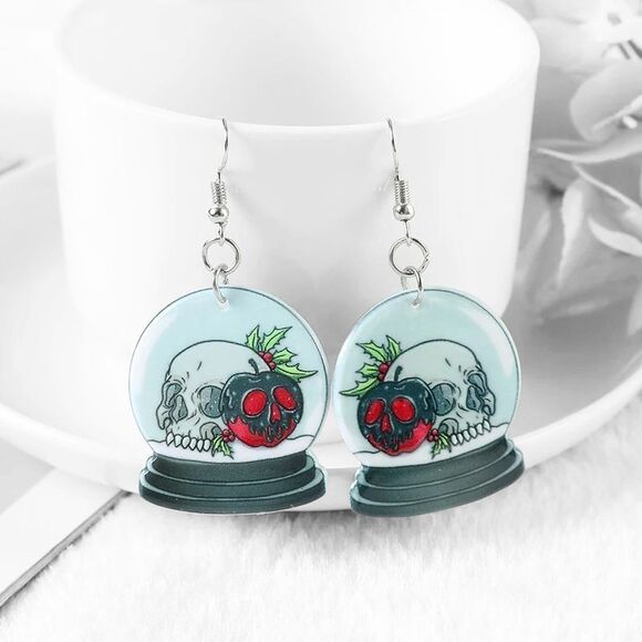 New Christmas Holiday Goth Skull Poison Apple Snow Globe Drop Earrings Gift - Picture 2 of 2